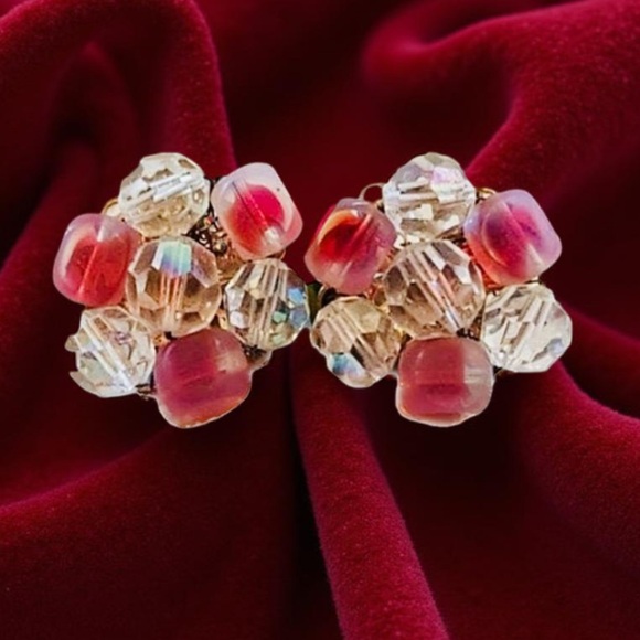 Clip on earrings Vintage Pink earring Mid century glass jewelry clip on earrings - Picture 5 of 14